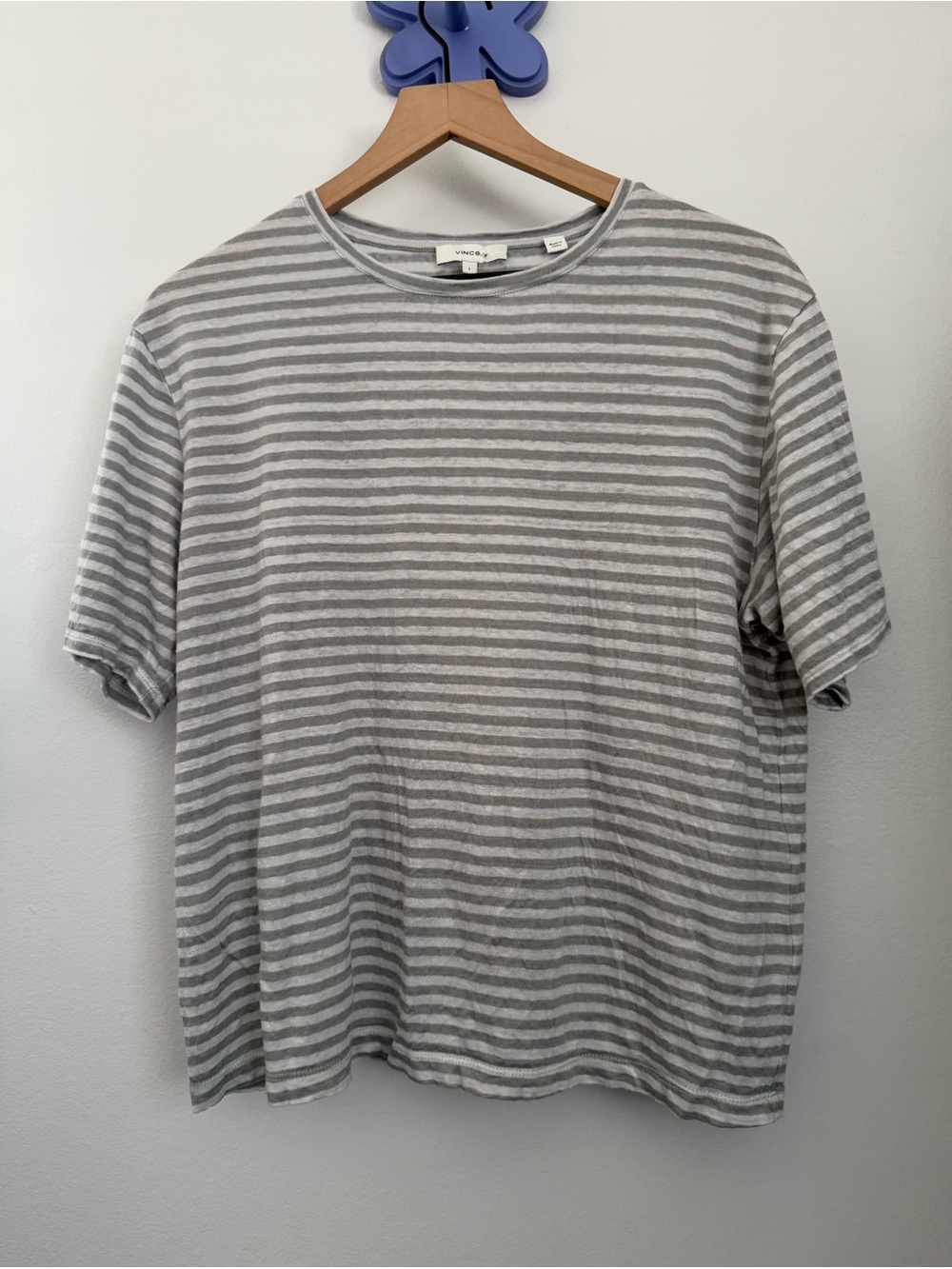 Vince Large Grey Linen Stripe Tee Boxy Relaxed Fit Lounge Minimal